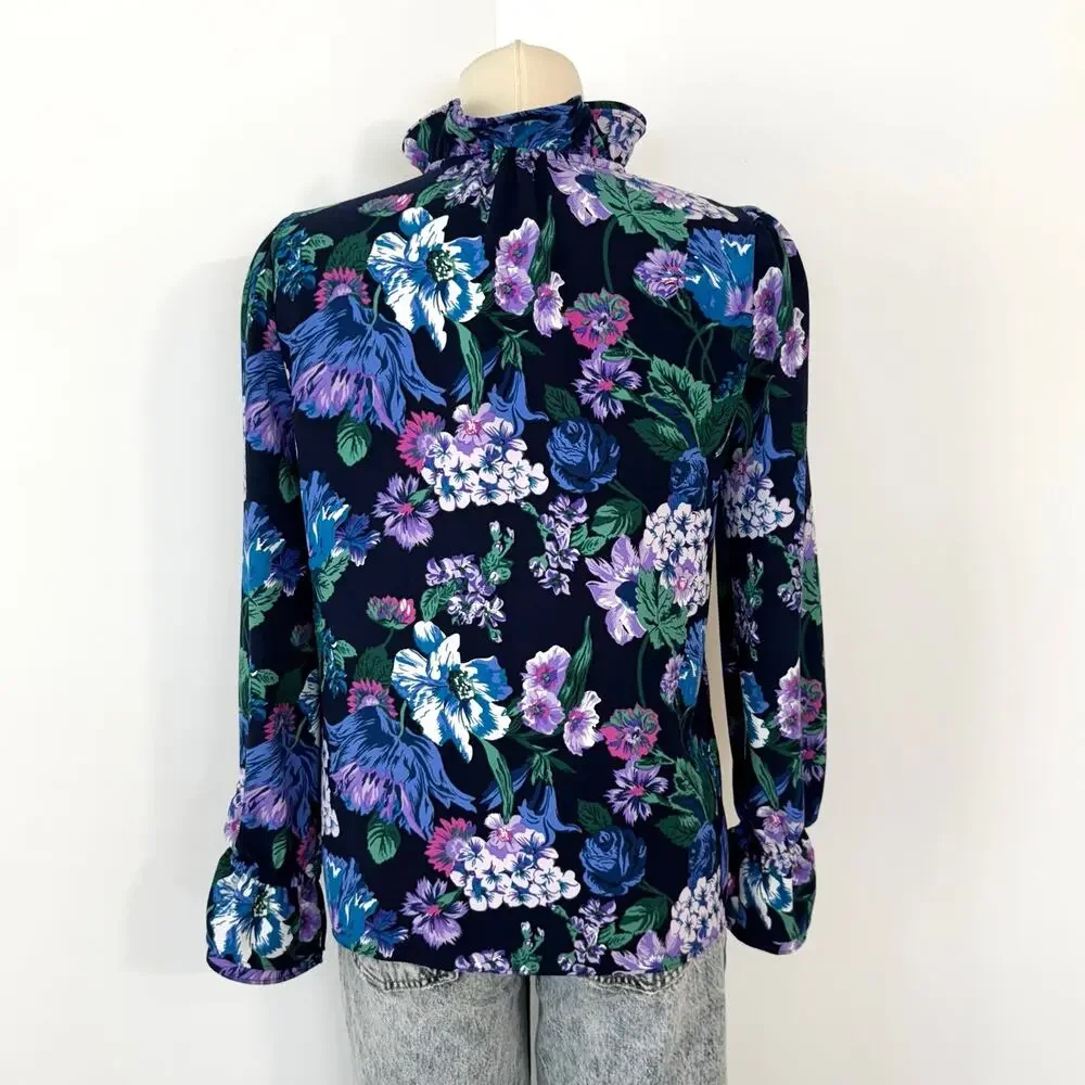 J. Crew Ruffle Neck Long Sleeve Crepe Top Blouse in Blue Floral | XS